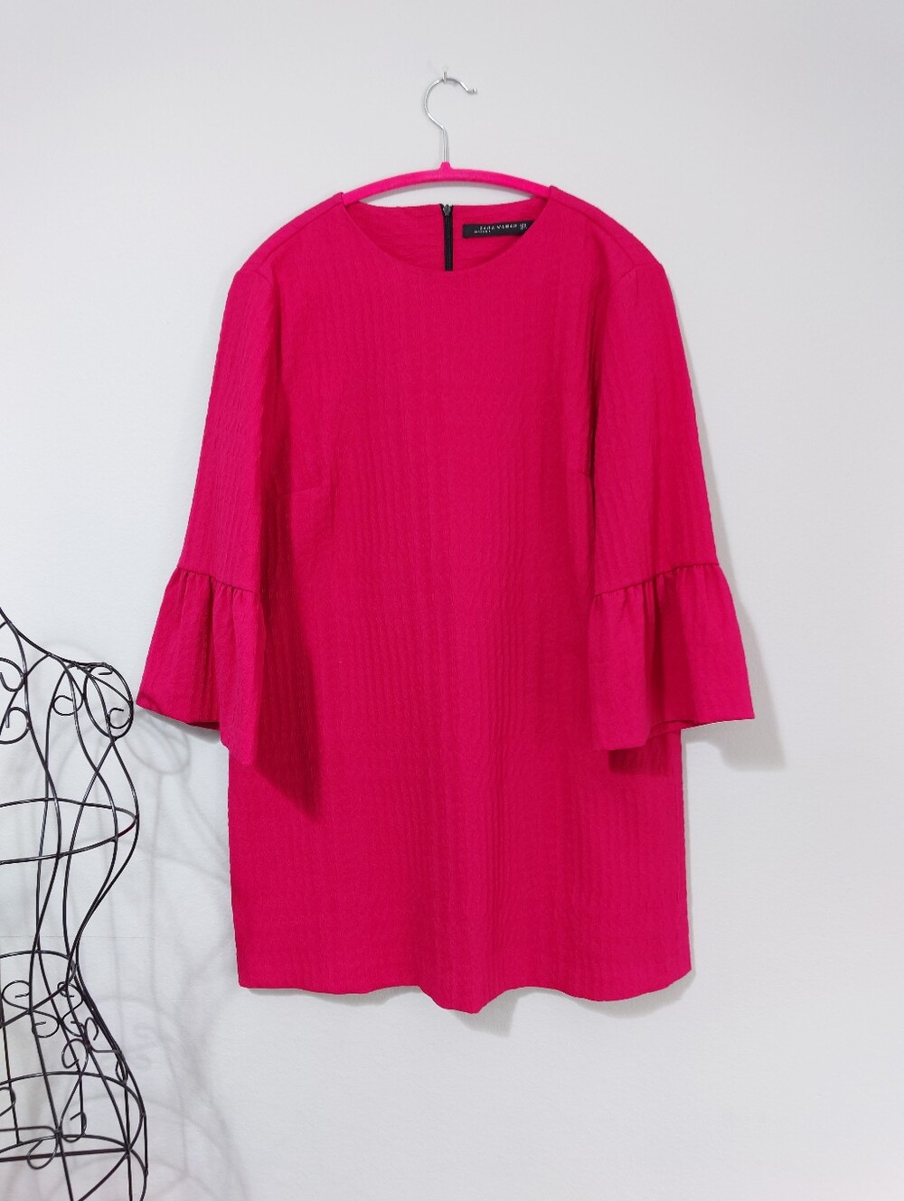 Zara Woman Hot Pink Textured Shift Dress Bell Sleeve XL